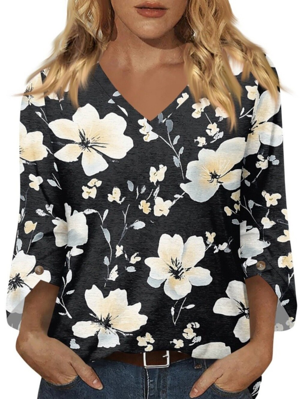 Apt. 9 Black Floral Scoop Neck Long Sleeve Top with White and Yellow Roses